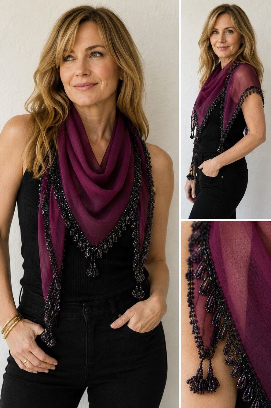 Vintage Style Plum Sheer Chiffon Scarf Iridescent Beaded Fringe Tassel Shawl